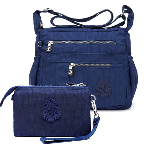 2 Pce Nylon Water Repellent Crossbody Shoulder Bag Clutch Pouch Dark Blue