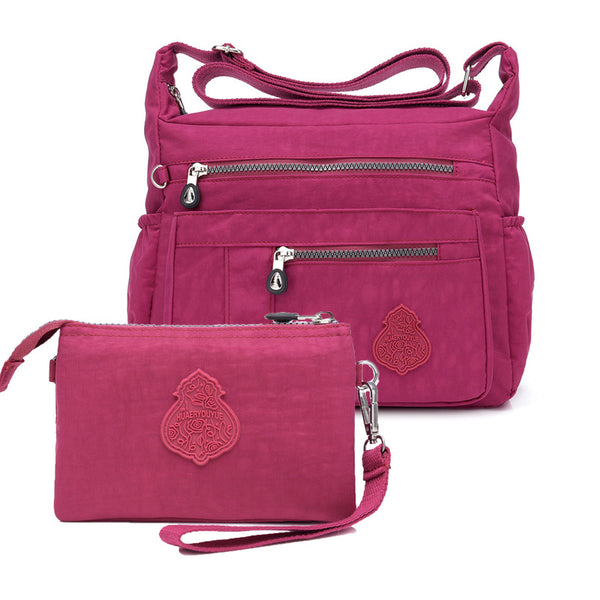 2 Pce Nylon Water Repellent Crossbody Shoulder Bag Clutch Pouch Rose Red