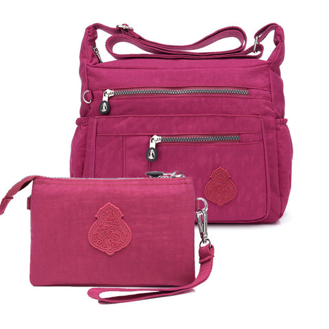 2 Pce Nylon Water Repellent Crossbody Shoulder Bag Clutch Pouch Rose Red