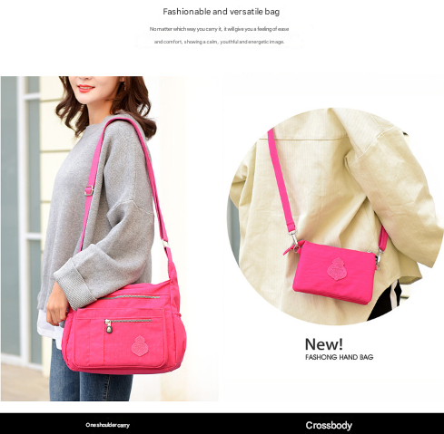 2 Pce Nylon Water Repellent Crossbody Shoulder Bag Clutch Pouch Rose Red