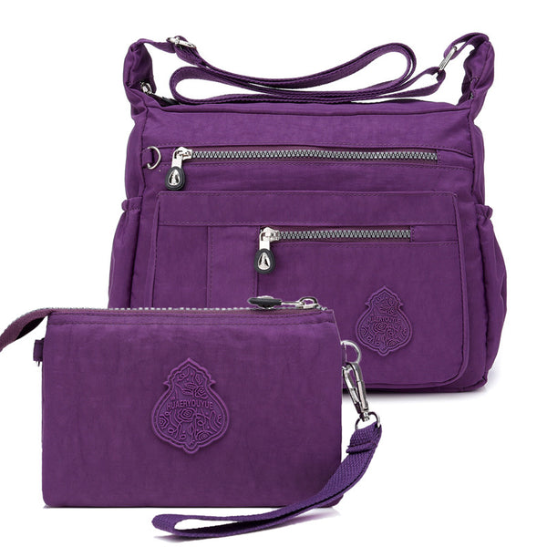 2 Pce Nylon Water Repellent Crossbody Shoulder Bag Clutch Pouch Purple