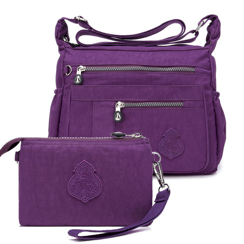 2 Pce Nylon Water Repellent Crossbody Shoulder Bag Clutch Pouch Purple