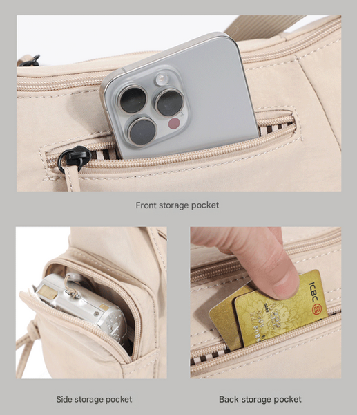 Lightweight Waterproof Fabric Oxford Crossbody Shoulder Bag Multi Pocket Beige
