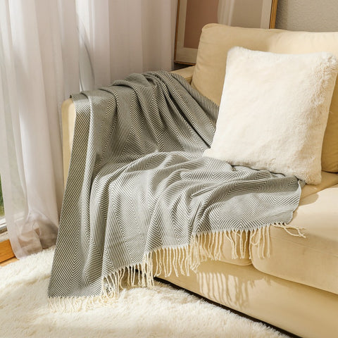 Herringbone Faux Cashmere Blanket Throw Rug 780g 130 x 240cm Grey