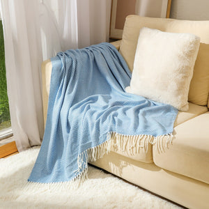 Herringbone Faux Cashmere Blanket Throw Rug 780g 130 x 240cm Blue