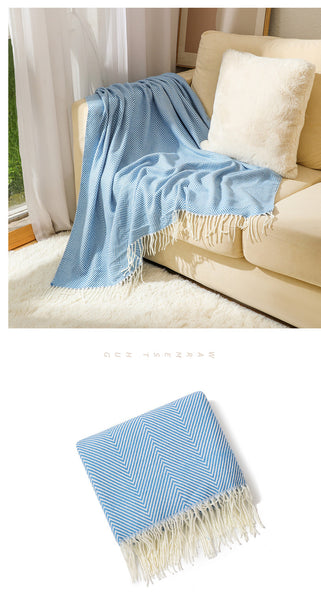 Herringbone Faux Cashmere Blanket Throw Rug 780g 130 x 240cm Blue