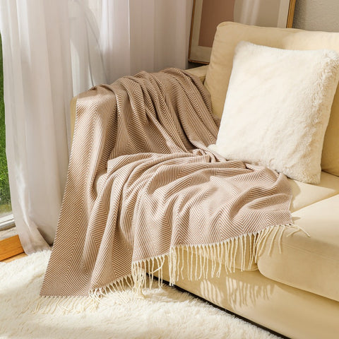 Herringbone Faux Cashmere Blanket Throw Rug 780g 130 x 240cm Khaki
