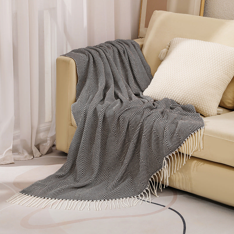 Herringbone Faux Cashmere Blanket Throw Rug 780g 130 x 240cm Black
