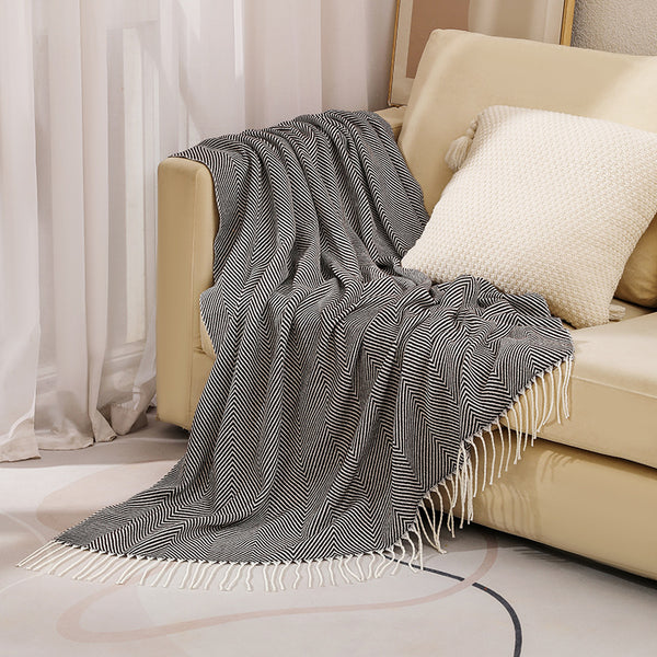 Herringbone Faux Cashmere Blanket Throw Rug 780g 130 x 240cm Black
