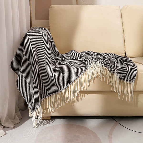 Herringbone Faux Cashmere Blanket Throw Rug 780g 130 x 240cm Black