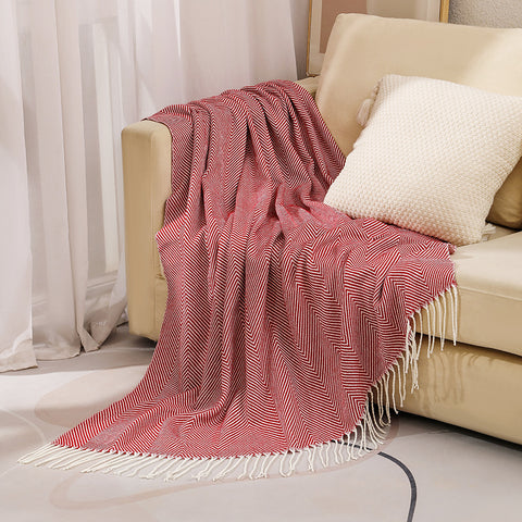Herringbone Faux Cashmere Blanket Throw Rug 780g 130 x 240cm Red