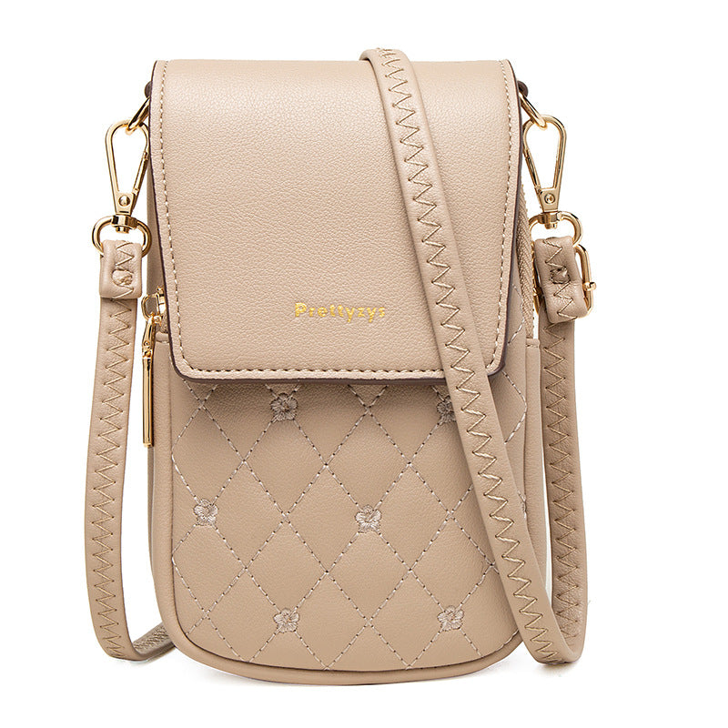Floral Stitch Quilted PU Leather Crossbody Phone Mini Purse Bag Beige Brown