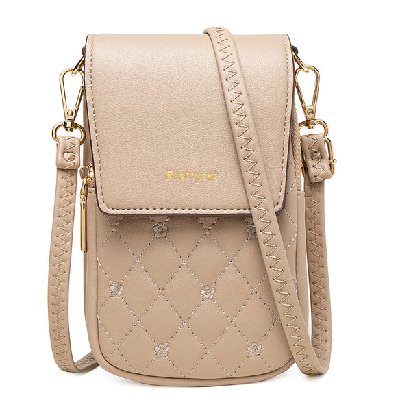 Floral Stitch Quilted PU Leather Crossbody Phone Mini Purse Bag Beige Brown