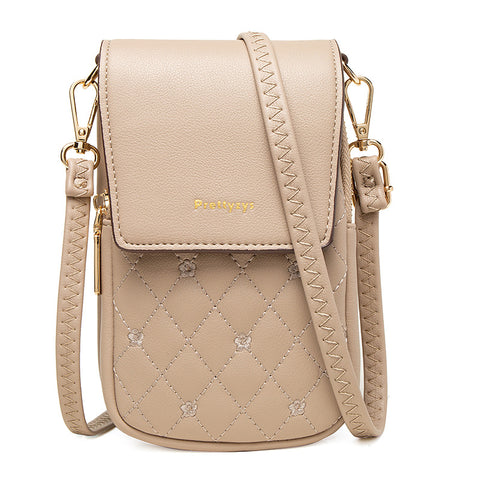 Floral Stitch Quilted PU Leather Crossbody Phone Mini Purse Bag Beige Brown