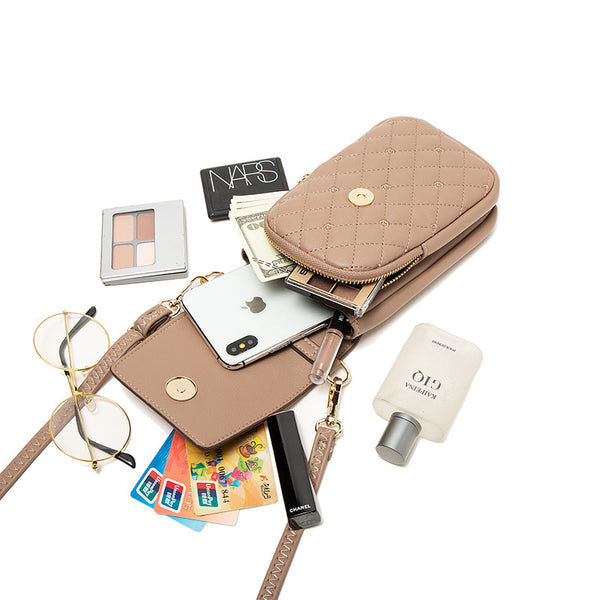 Floral Stitch Quilted PU Leather Crossbody Phone Mini Purse Bag Beige Brown