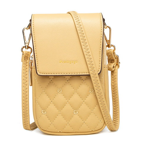Floral Stitch Quilted PU Leather Crossbody Phone Mini Purse Bag Yellow