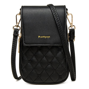 Floral Stitch Quilted PU Leather Crossbody Phone Mini Purse Bag Black