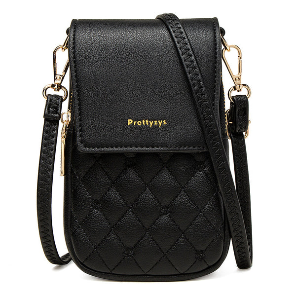 Floral Stitch Quilted PU Leather Crossbody Phone Mini Purse Bag Black