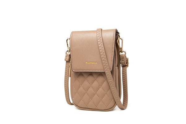 Floral Stitch Quilted PU Leather Crossbody Phone Mini Purse Bag Black