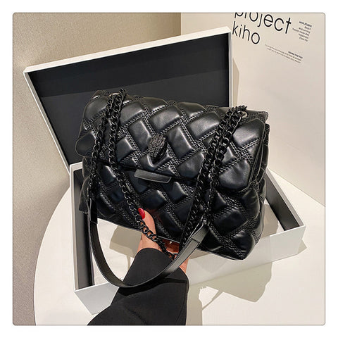 Quilted Diamond PU Leather Crossbody Shoulder Bag Handbag Chain Strap Black