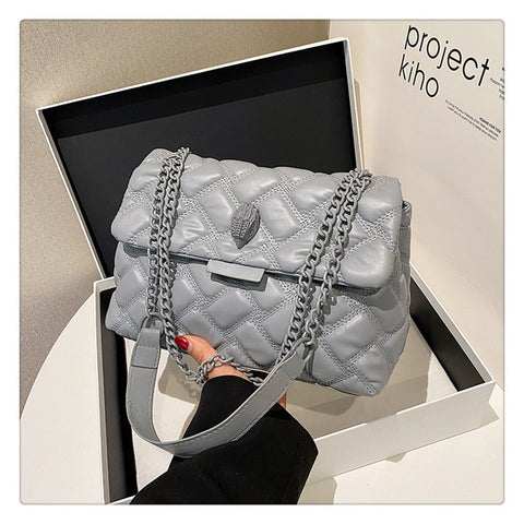 Quilted Faux PU Leather Crossbody Bag Handbag Chain Strap Bird Head Clasp Grey