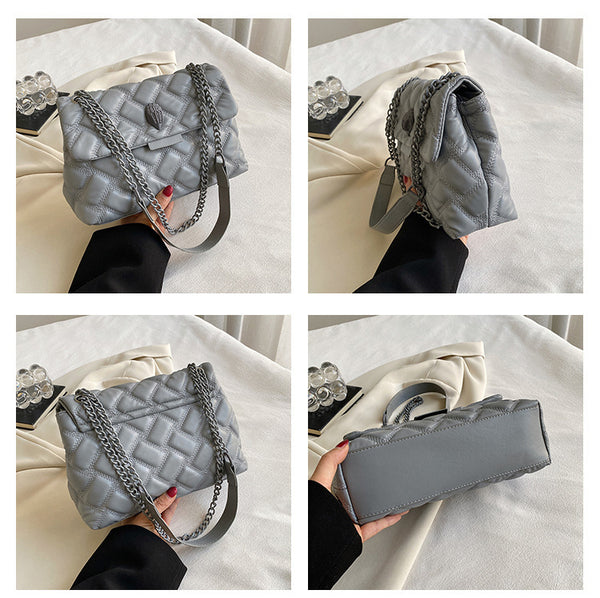 Quilted Faux PU Leather Crossbody Bag Handbag Chain Strap Bird Head Clasp Grey
