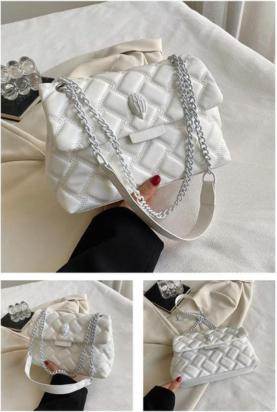 Quilted Diamond PU Leather Crossbody Shoulder Bag Handbag Chain Strap White
