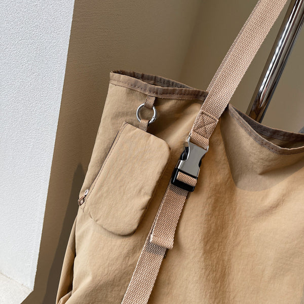 Khaki Women's Large Capacity Nylon Tote Bag - Stylish Casual Shoulder with Detachable Pouch