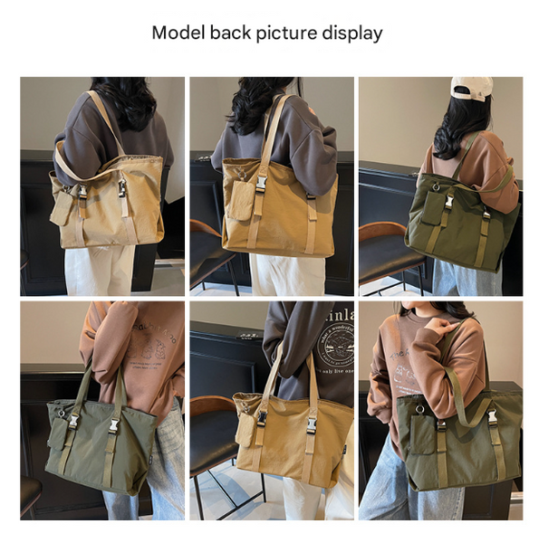 Khaki Women's Large Capacity Nylon Tote Bag - Stylish Casual Shoulder with Detachable Pouch