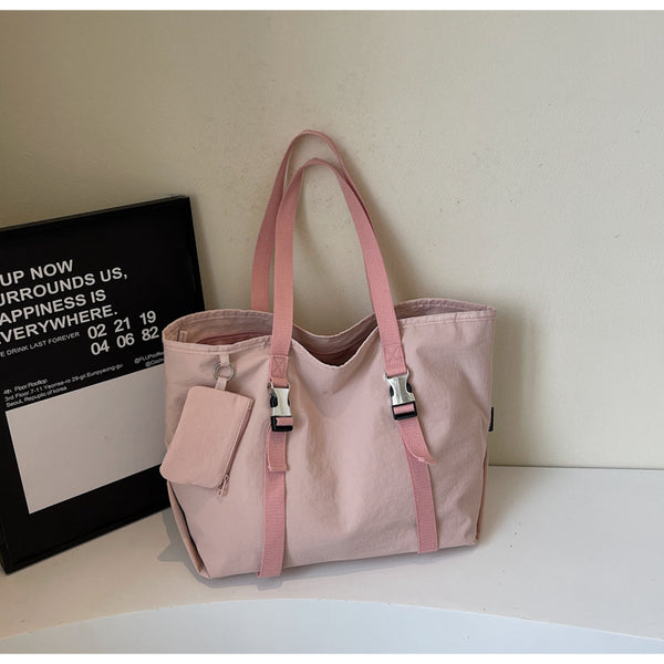 Pink Women's Large Capacity Nylon Tote Bag - Stylish Casual Shoulder with Detachable Pouch