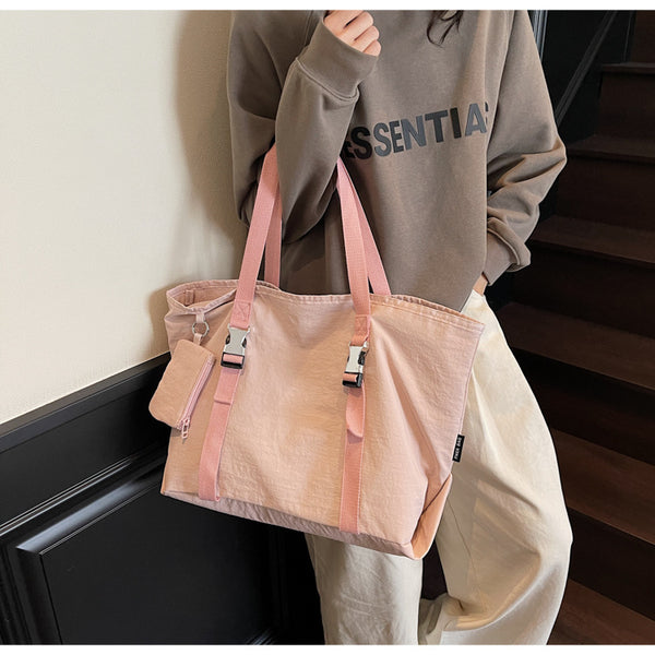 Pink Women's Large Capacity Nylon Tote Bag - Stylish Casual Shoulder with Detachable Pouch