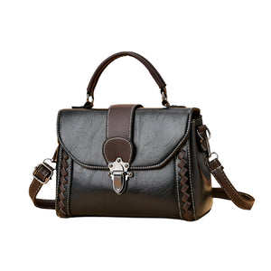 Faux PU Leather Top Handle Satchel Crossbody Bag Classic Clasp Braid Detail Black