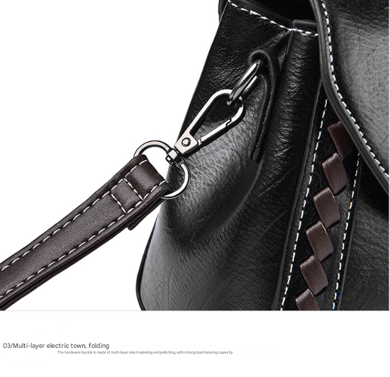 Faux PU Leather Top Handle Satchel Crossbody Bag Classic Clasp Braid Detail Black