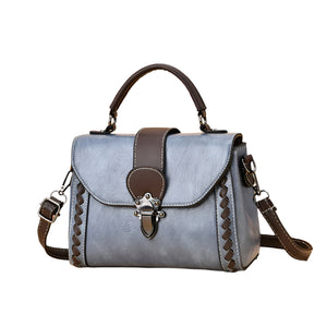 Faux PU Leather Top Handle Satchel Crossbody Bag Classic Clasp Braid Detail Blue