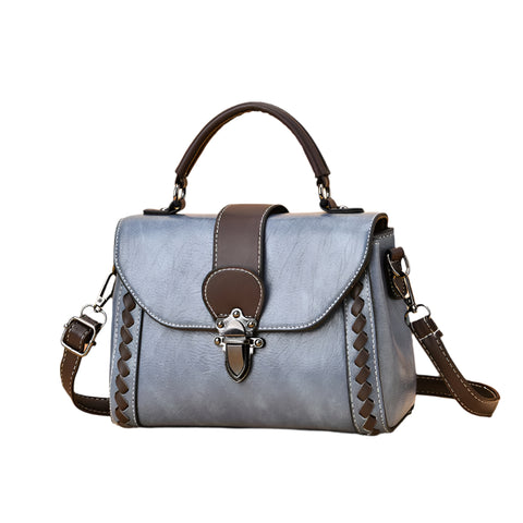 Faux PU Leather Top Handle Satchel Crossbody Bag Classic Clasp Braid Detail Blue