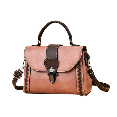 Faux PU Leather Top Handle Satchel Crossbody Bag Classic Clasp Braid Detail Pink
