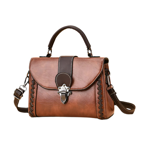 Faux PU Leather Top Handle Satchel Crossbody Bag Classic Clasp Braid Detail Brown