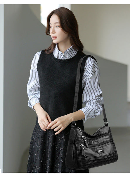 Vintage Look PU Leather Crossbody Shoulder Bag Handbag Black