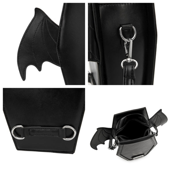 Gothic Punk Coffin Bat Wing Convertible Crossbody Shoulder Bag Backpack Black