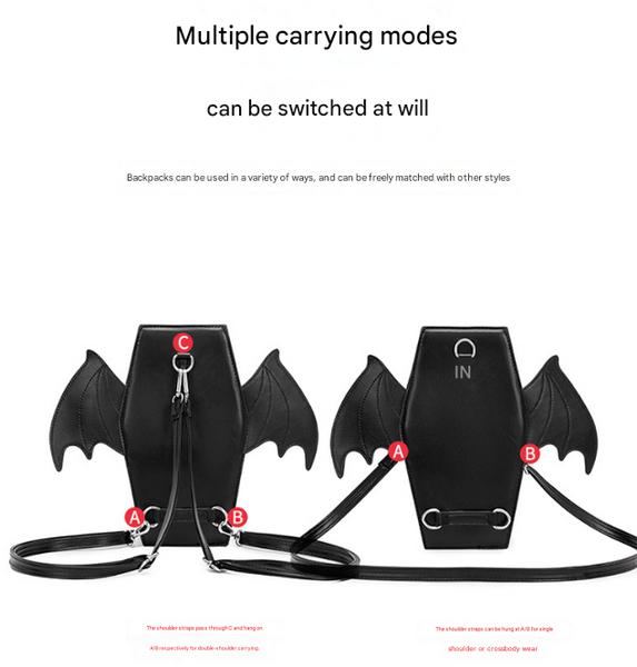 Gothic Punk Coffin Bat Wing Convertible Crossbody Shoulder Bag Backpack Black
