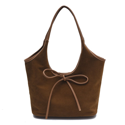 Faux Suede Finish PU Leather Shoulder Tote Bag Handbag Tie Accent Brown