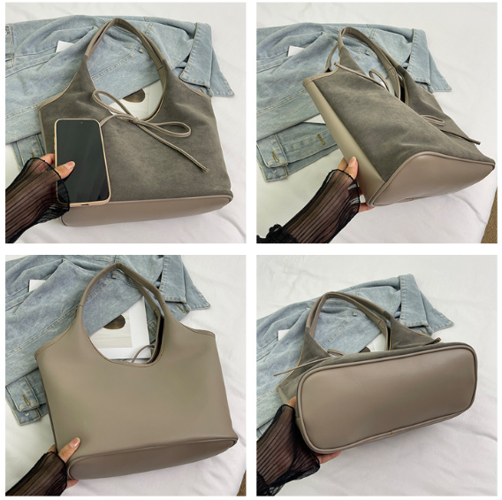 Faux Suede Finish PU Leather Shoulder Tote Bag Handbag Tie Accent Brown