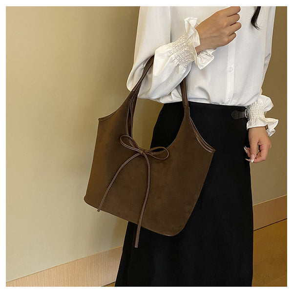 Faux Suede Finish PU Leather Shoulder Tote Bag Handbag Tie Accent Brown