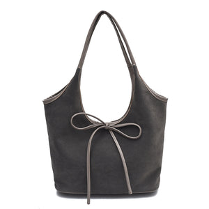 Faux Suede Finish PU Leather Shoulder Tote Bag Handbag Tie Accent Grey
