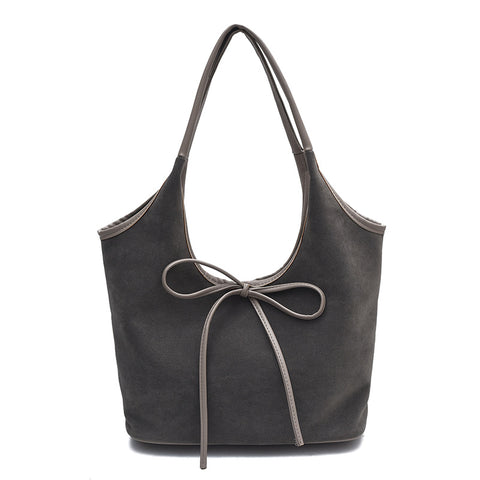 Faux Suede Finish PU Leather Shoulder Tote Bag Handbag Tie Accent Grey