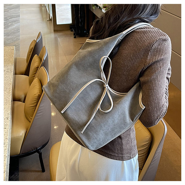 Faux Suede Finish PU Leather Shoulder Tote Bag Handbag Tie Accent Grey