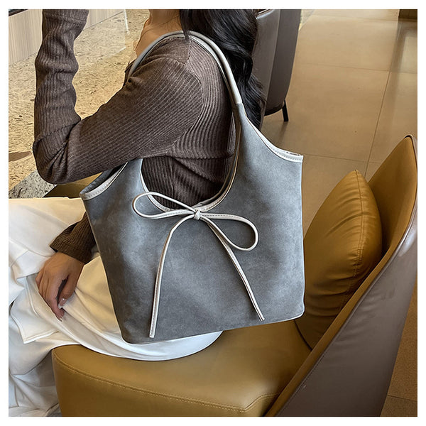 Faux Suede Finish PU Leather Shoulder Tote Bag Handbag Tie Accent Grey