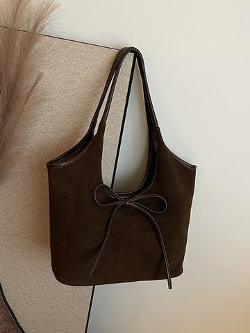 Faux Suede Finish PU Leather Shoulder Tote Bag Handbag Tie Accent Coffee