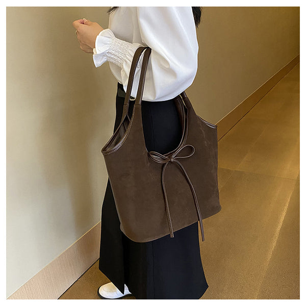 Faux Suede Finish PU Leather Shoulder Tote Bag Handbag Tie Accent Coffee