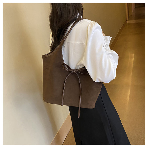 Faux Suede Finish PU Leather Shoulder Tote Bag Handbag Tie Accent Coffee